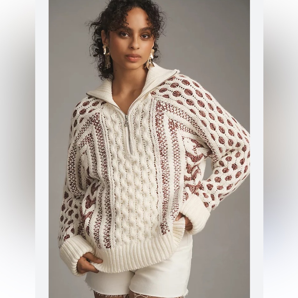 Pilcro Cream and Burgundy Patterned 1/4 Zip Sweater EUC